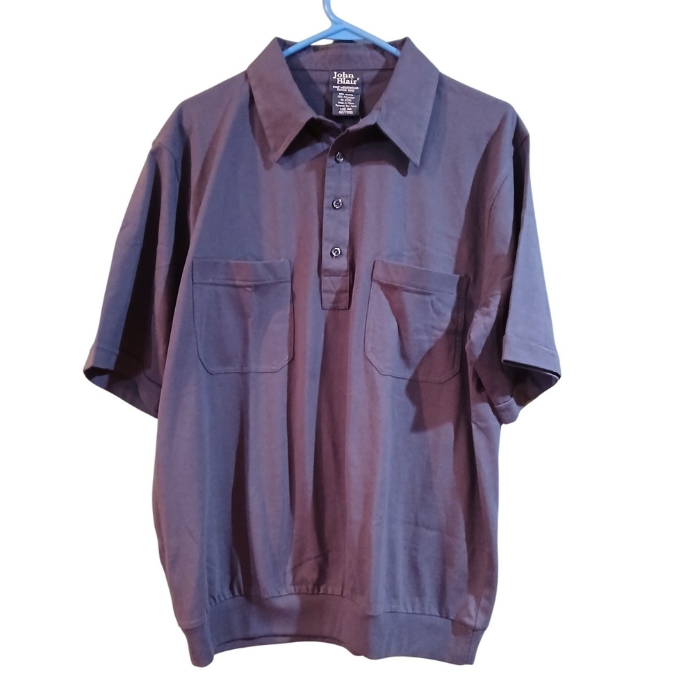 Vtg John Blair Large Mens Navy Blue Short Sleeve Polo Shirt Banded Hem Pockets